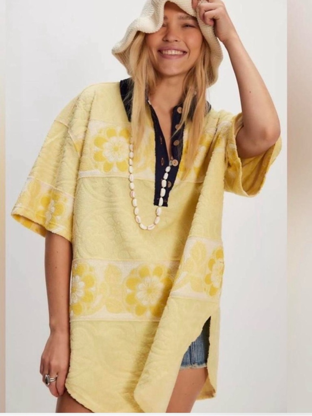 We The Free Yellow Floral Terry Polo Tunic with Navy Placket